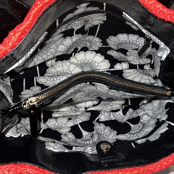 Kate Spade Black Orange Brown Straw and Patent Leather Shoulder Bag Tote - Picture 3 of 12